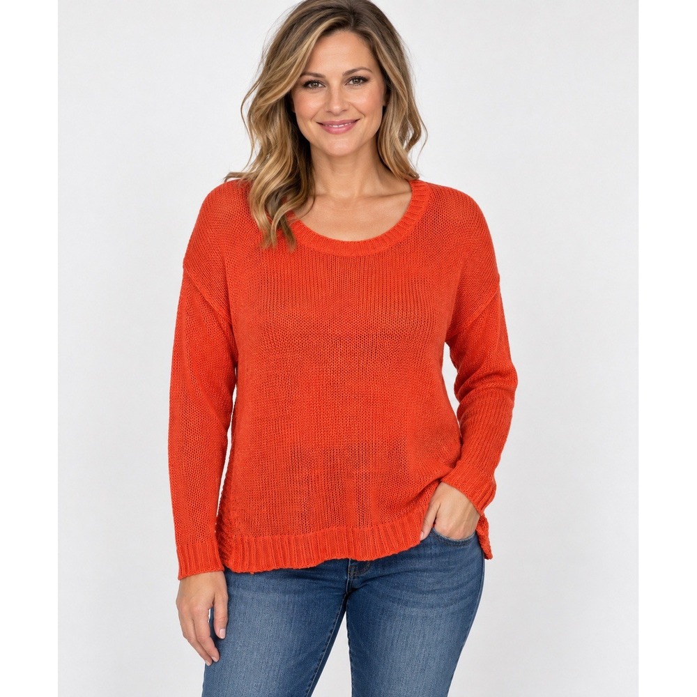 J.Crew Womens M 100% Linen Orange Open Knit Sweater Scoop Neck Lightweight